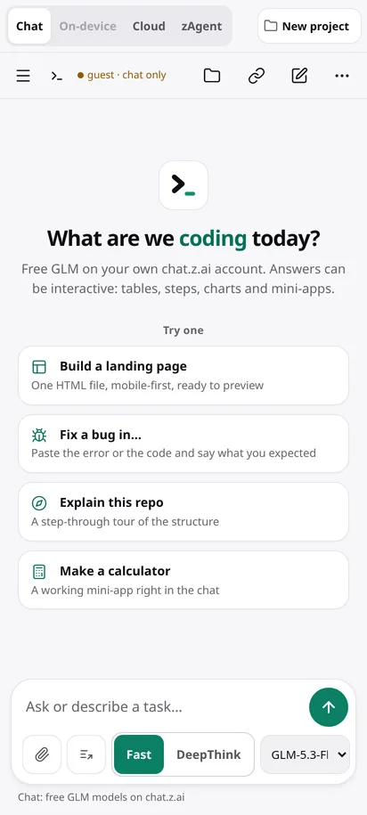 zAgentix Chat mode on live chat.z.ai, light theme