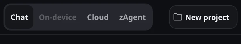 The mode bar at the top of zAgentix: Chat, On-device, Cloud, zAgent, and the project button