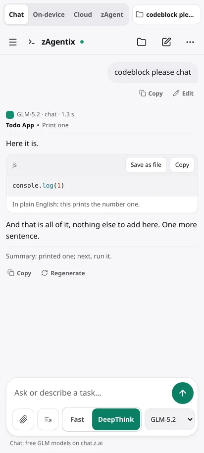 An answer with a topic line, a code block with a plain-English caption, and a summary, with the Fast and DeepThink switch below