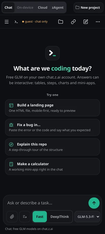 zAgentix 0.2.5-alpha.2 running on top of chat.z.ai in a phone browser, captured live: the mode bar with Chat, On-device, Cloud and zAgent
