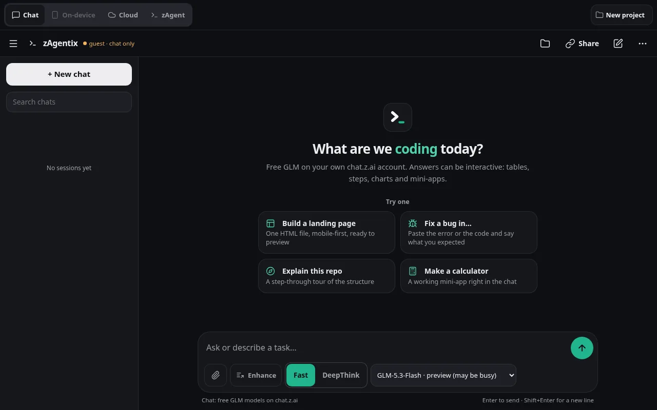 zAgentix 0.2.5-alpha.2 running on top of chat.z.ai in a desktop browser, captured live