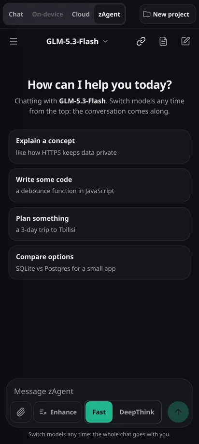 zAgent mode start screen on live chat.z.ai